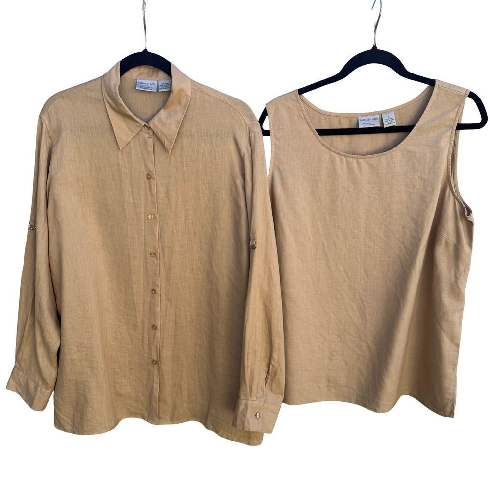 Sutton Studio Bloomingdales 100% Linen Coastal Minimalist Shirt Tank Set Tan L